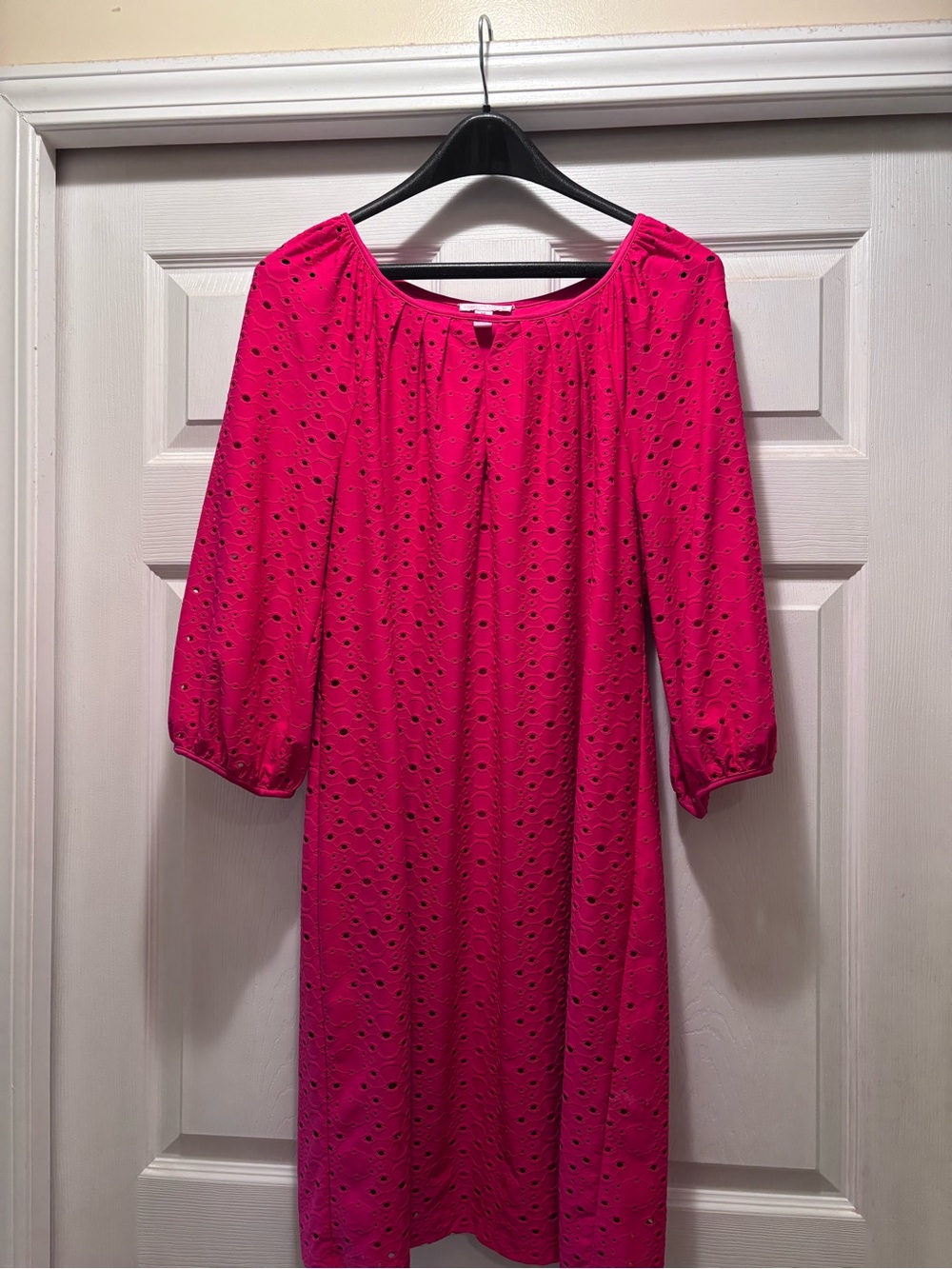London Times Bright Pink Eyelet Long Sleeve Shift Dress